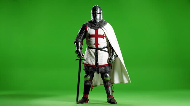 Medieval Templar Knight in Full Armor with Sword on Green Screen