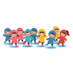 Fototapeta premium Children playing in colorful raincoats splashing in puddles outdoors 