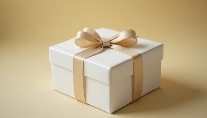 Obraz premium Elegant white gift box with a golden satin bow on a warm beige background