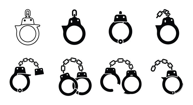 Black and white illustration depicting various views of metal handcuffs