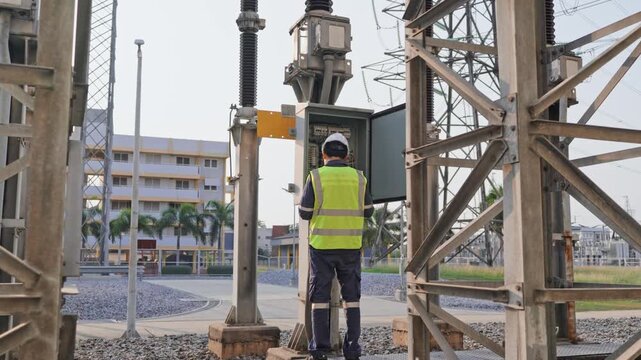 Electrical engineer power substation control panel inspection, high voltage maintenance with safety vest and hard hat for utility worker training