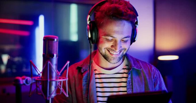 Mic, man and portrait with tablet for broadcast, talk show and script for podcast. Media agency, content creation and male person with tech for live streaming, studio recording or audio hosting