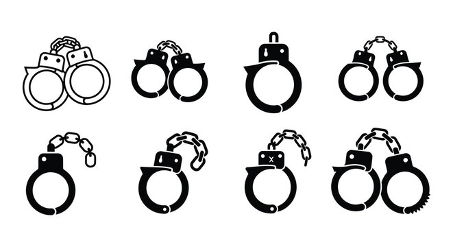 Black and white illustration depicting various views of metal handcuffs