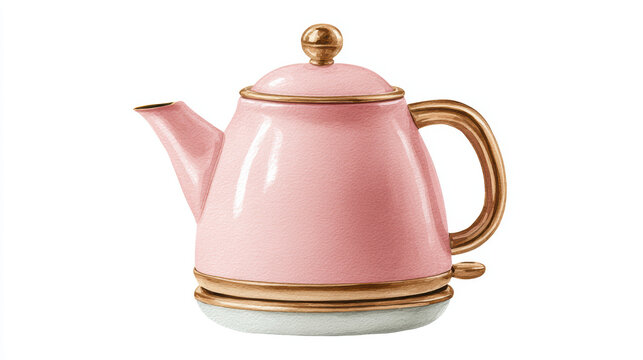 Pink retro electric kettle with gold trim and handle on white background, vintage style kitchen appliance, soft watercolor texture