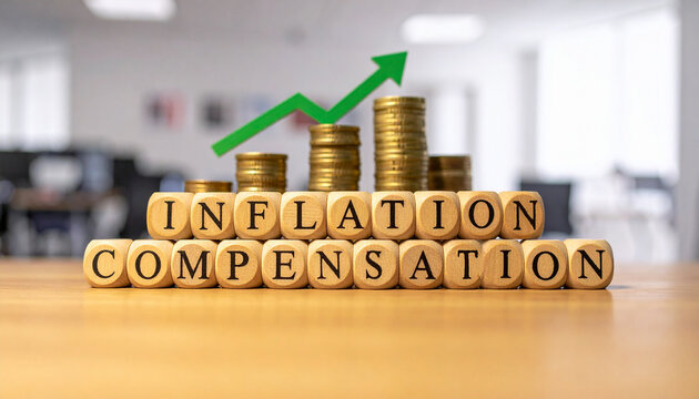 Holzklötze bilden das Wort "Inflation Compensation" auf Münzstapel , mit einen steigenden grünen Pfeil.