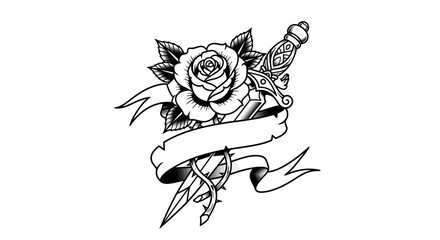 Fototapeta premium Rose, Dagger, and Banner Tattoo Design