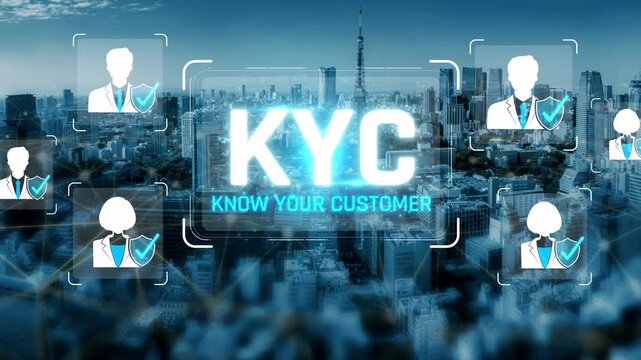 Modern Cityscape Featuring KYC Concept with User Icons and Security Elements for Digital Compliance in Financial Transactions Sigmoid