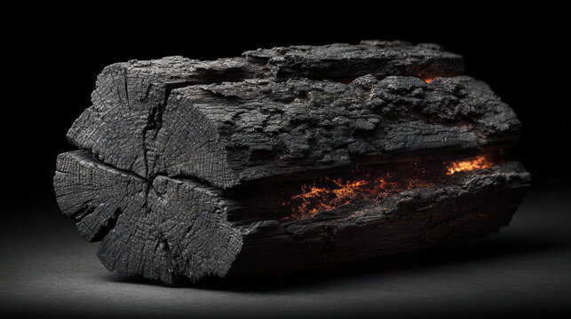 Charred wood cracked wood burnt log ember glow blackened texture dark background high resolution close up