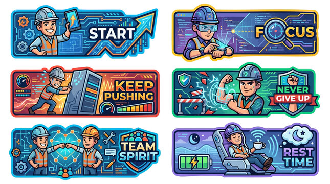 Workers Motivation Sticker Banner Set for Industrial Technology and Startup Career with Start Focus Keep Pushing Never Give Up Team Spirit and Rest Time Concept for Professional Workplace Success
