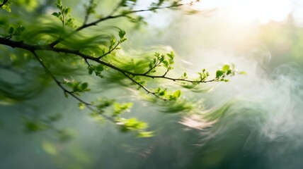 Fototapeta premium Sunlit Green Tree Branches with Blurred Motion
