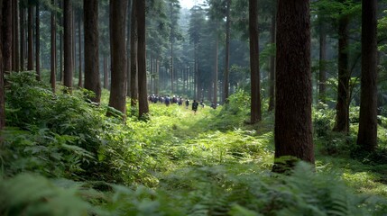 Obraz premium A group of people walk along a sun d d forest path surrounded by lush green ferns and tall trees