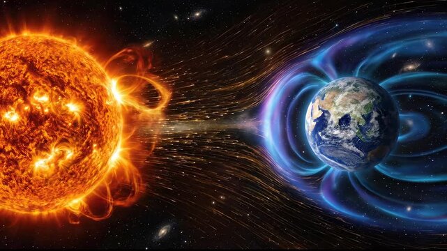Magnetic storm, solar flare eruption, cosmic radiation impact, geomagnetic field protection, magnetosphere deflection, planetary defense, space weather event.