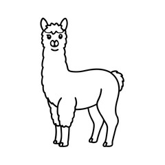 Naklejka premium Cute cartoon llama standing profile black line drawing isolated on white background vector illustration