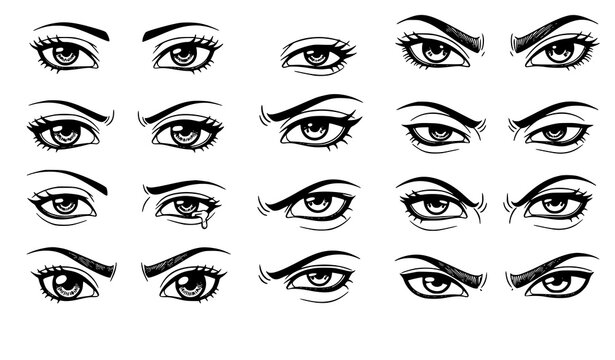 Manga anime eyes collection expressive character eye styles black line vector isolated on white