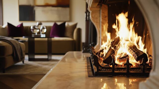 Cozy living room with a roaring fireplace, showcasing flames and logs, soft furnishings, and decorative elements in a warm, inviting atmosphere