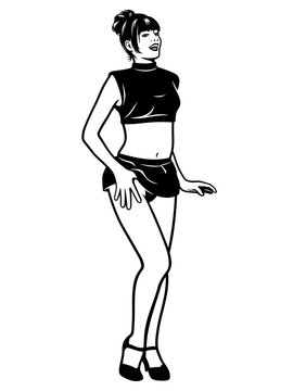 Cute Pin Up Girl. Black and white vector clipart in pop art style.