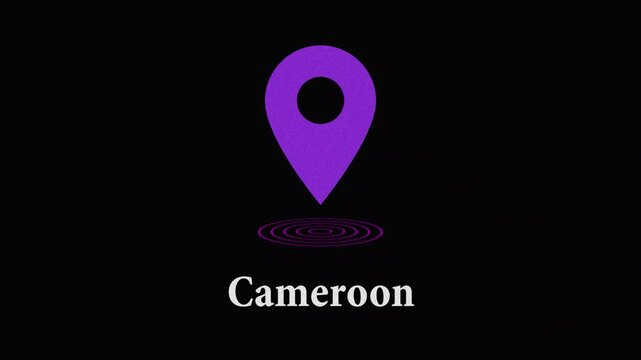 Purple location pin icon animation with text cameroon on black background map marker travel destination gps navigation