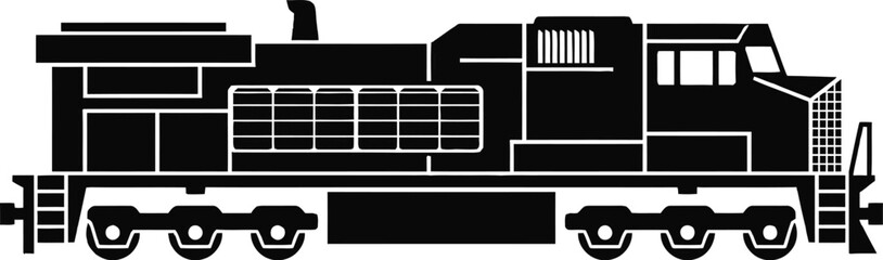 Vintage black and white illustration of a powerful diesel locomotive train engine isolated on white background, Vector © RUMA AKTHER