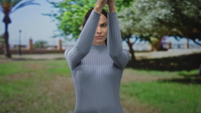 Woman with hands clasped and furrowed brow standing on a street with trees and lamp posts; determination.