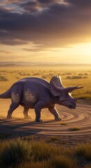 Fototapeta premium Triceratops walking in a field.