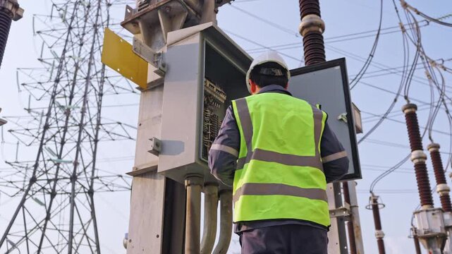 Electrician in safety gear performing electrical panel maintenance and repair work inside high voltage substation of power grid