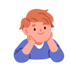Boy kid leaning head on hands, listening with smiling cheerful interested face expression. Cute little preschool child. Adorable sweet character. Flat vector illustration isolated on white background