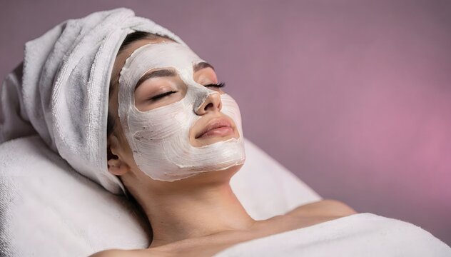 Serene young woman with closed eyes enjoy a refreshing facial mask treatment and warm towel wrap, promoting skin health and beauty in a tranquil spa environment