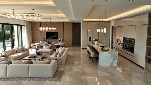 Aerial view of modern living room and kitchen interior with elegant furniture, marble countertops, and large windows showcasing natural light and outdoor scenery