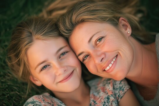 A close-up of a smiling mother and daughter lying side by side on grass, sharing a warm, joyful moment together.