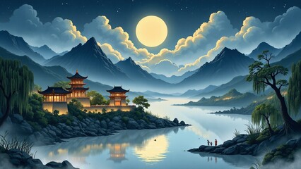 Obraz premium Luminous Moonlit Pavilion and Misty Mountains