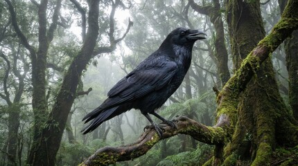 Fototapeta premium Black raven perched on mossy branch in a foggy ancient forest