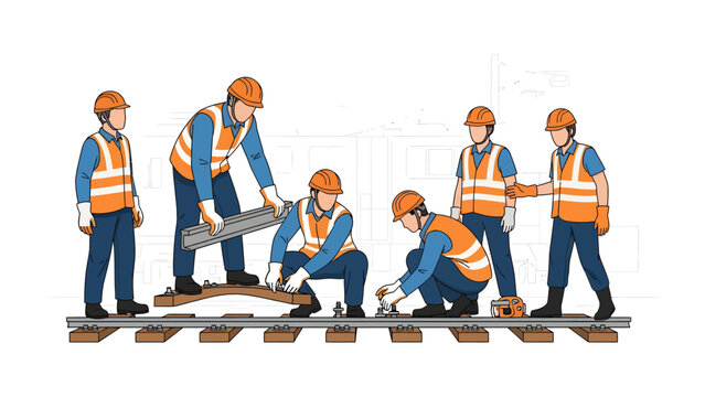 Railway Construction: A team of construction workers is seen diligently engaged in the process of building the railway tracks.