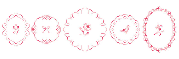 Cross-stitch frames and borders. Oval, round shapes with vintage embroidery elements. Retro hand made covers for branding, scrapbooking and social media. © gorozhinak