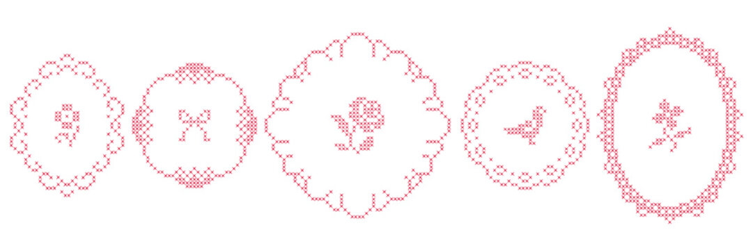 Cross-stitch frames and borders. Oval, round shapes with vintage embroidery elements. Retro hand made covers for branding, scrapbooking and social media.