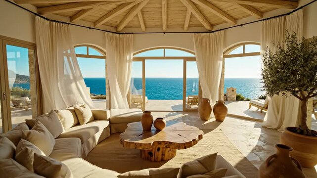 Spacious living room with large windows showcasing ocean view, featuring beige sofa, wooden coffee table, and decorative pottery in a coastal home setting
