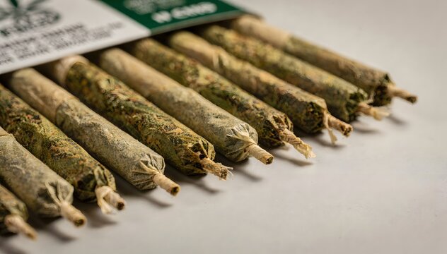 Close-up of a neatly arranged row of pre-rolled items, showcasing fine detail and texture, ready for use, presented on a clean, light surface