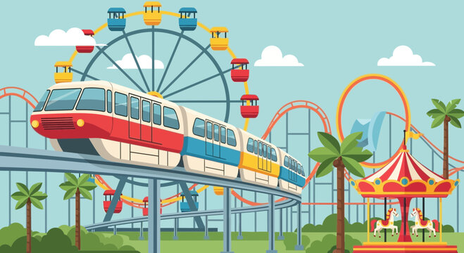 Amusement park with monorail, roller coaster, Ferris wheel, and carousel