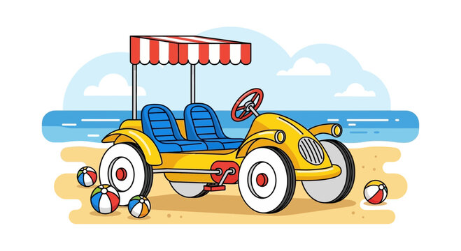 Beach buggy with beach balls and ocean background