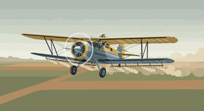 Biplane Crop Duster Flying Low Over Field Spraying Pesticides