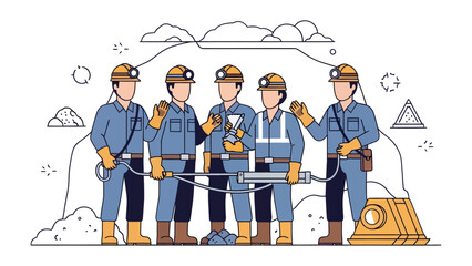 Team of hard-working Miners: A united team of hardworking miners stands confidently against a backdrop of the mine entrance, holding tools and gear, ready to extract valuable resources © Azizun