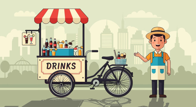 Street drinks vendor with cart, happy man selling beverages on city street