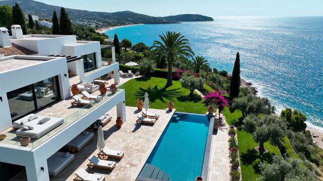 Aerial view of luxurious villa with swimming pool, palm trees, and ocean in the background, showcasing a serene coastal landscape and elegant outdoor living space