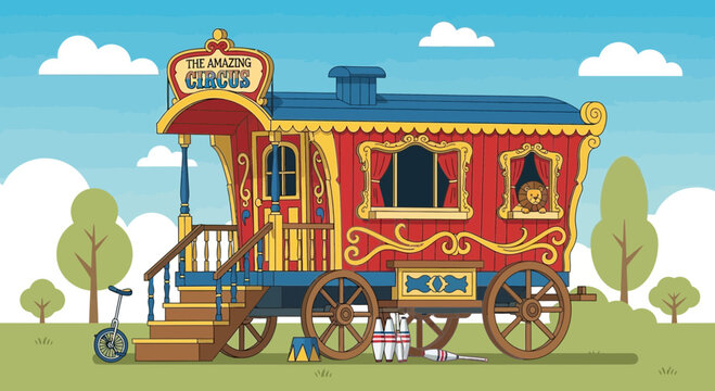 Vintage Circus Wagon with Lion and Unicycle