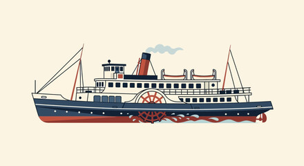 Fototapeta premium Vintage paddle steamer boat on calm water, retro travel illustration