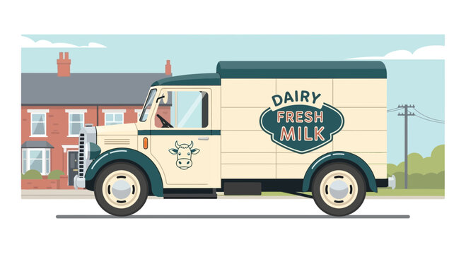 Vintage milk truck delivering fresh dairy products on a suburban street