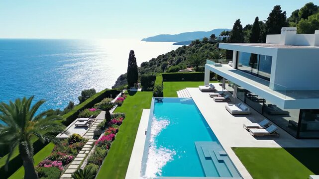 Aerial view of modern luxury villa with infinity pool, lush gardens, and ocean backdrop, showcasing vibrant landscaping and serene coastal scenery