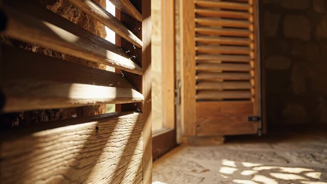 Close-up view of wooden shutters casting shadows on stone floor as sunlight streams through, highlighting the texture and warmth of the interior space