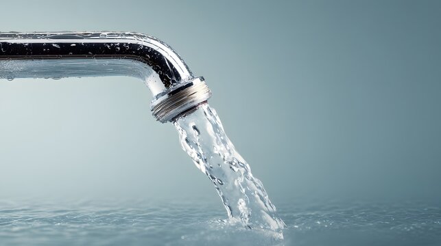 Clear water streams from a polished chrome tap