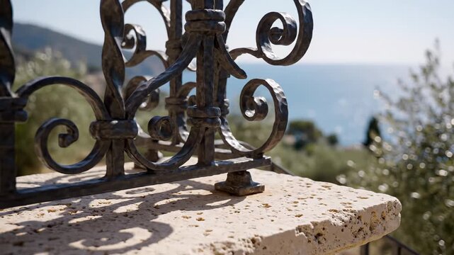 Close-up view of ornate metal railing with intricate designs on a stone ledge overlooking a serene ocean landscape with olive trees in the background
