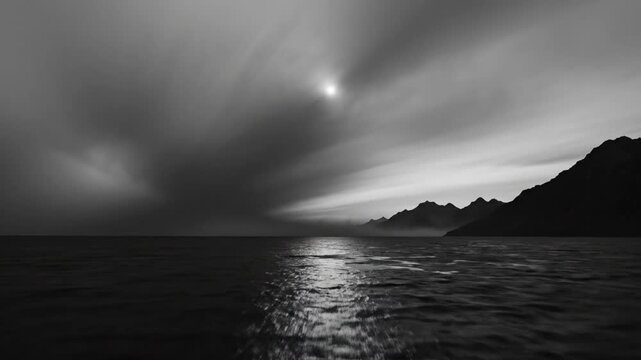 Dramatic black and white seascape with sun rays piercing through the dark overcast sky over the ocean water and mountains